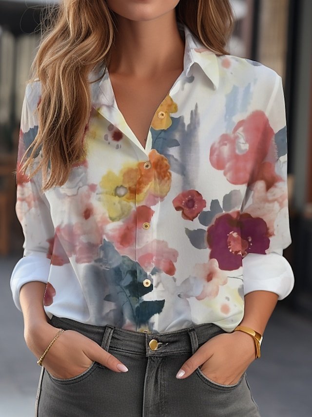 Elegant Regular Floral Shirt Collar Long Sleeve Blouse - Image 1