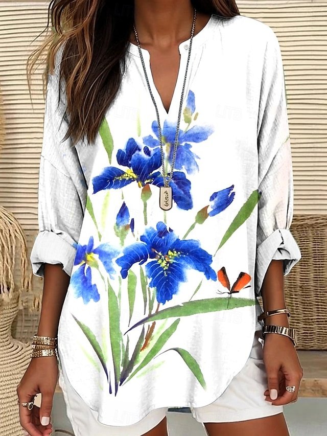 Elegant Regular Floral V Neck Long Sleeve Tunic Blouse - Image 2
