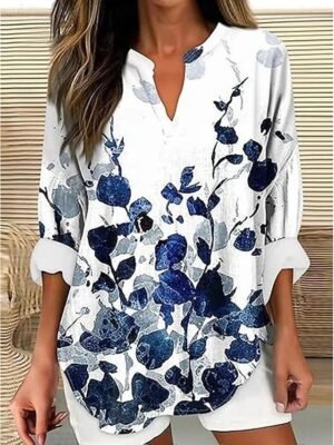 Elegant Regular Floral V Neck Long Sleeve Tunic Blouse - Image 3