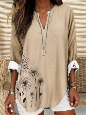 Elegant Regular Floral V Neck Long Sleeve Tunic Blouse - Image 5