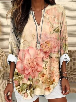 Elegant Regular Floral V Neck Long Sleeve Tunic Blouse - Image 7