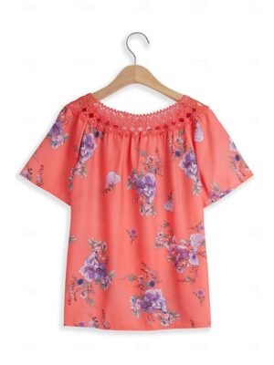 Elegant Regular Floral V Neck Short Sleeve Lace Top - Image 10