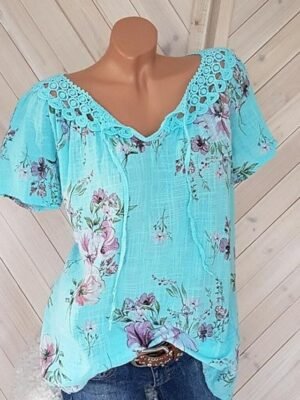 Elegant Regular Floral V Neck Short Sleeve Lace Top - Image 3