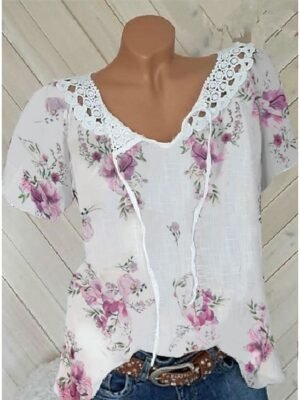 Elegant Regular Floral V Neck Short Sleeve Lace Top - Image 7