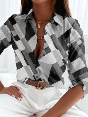 Elegant Regular Geometric Shirt Collar Long Sleeve Blouse - Image 5