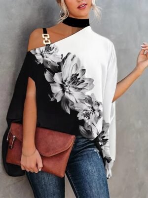 Elegant Regular Graphic Halter Short Sleeve Blouse - Image 1