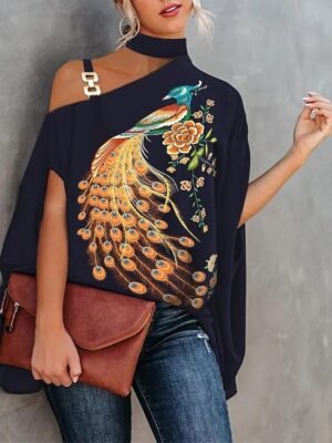 Elegant Regular Graphic Halter Short Sleeve Blouse - Image 3