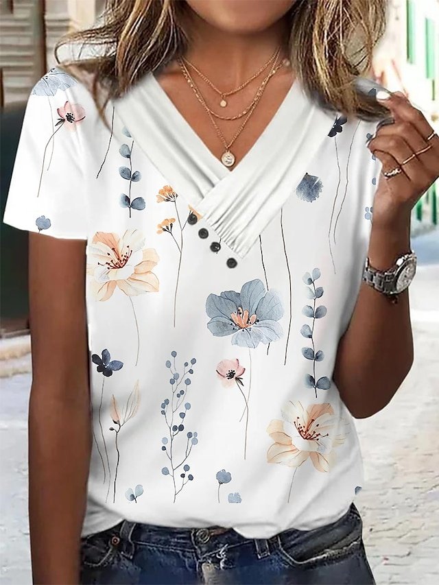 Elegant Regular Graphic V Neck Short Sleeve Tops - Image 2