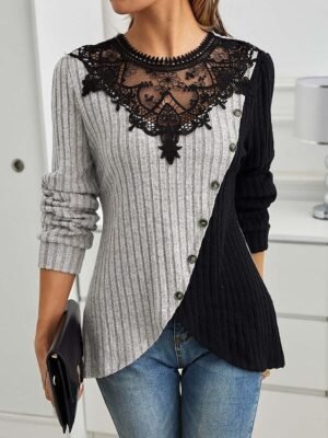 Elegant Regular Lace Crew Neck Long Sleeve Petite Blouse - Image 1