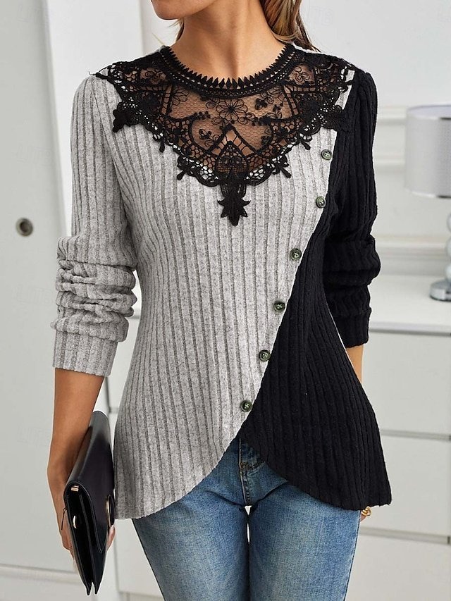 Elegant Regular Lace Crew Neck Long Sleeve Petite Blouse - Image 1