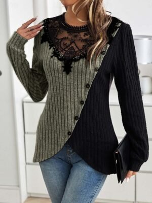 Elegant Regular Lace Crew Neck Long Sleeve Petite Blouse - Image 10