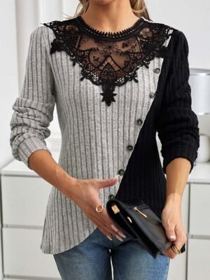 Elegant Regular Lace Crew Neck Long Sleeve Petite Blouse - Image 13