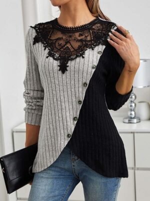 Elegant Regular Lace Crew Neck Long Sleeve Petite Blouse - Image 14