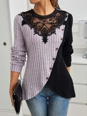Elegant Regular Lace Crew Neck Long Sleeve Petite Blouse - Image 2