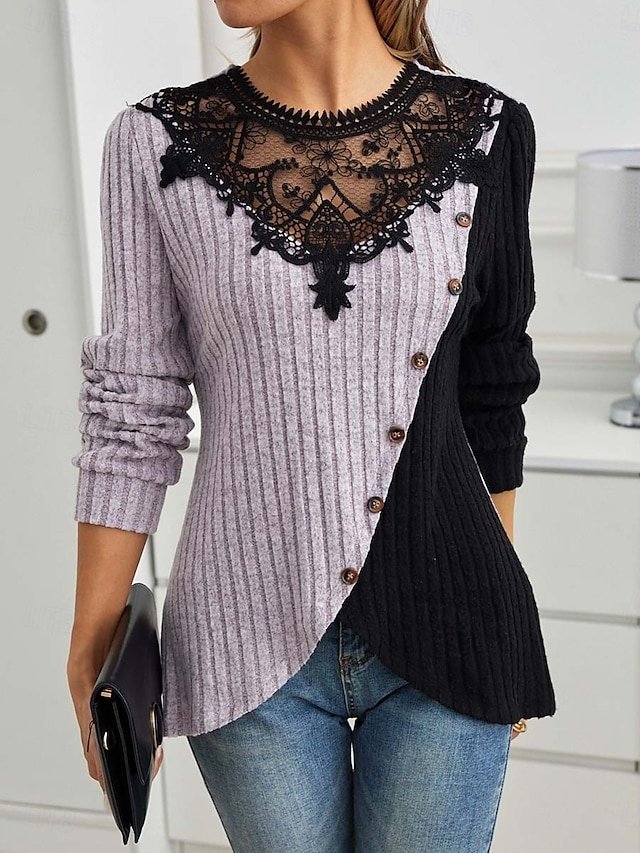 Elegant Regular Lace Crew Neck Long Sleeve Petite Blouse - Image 2