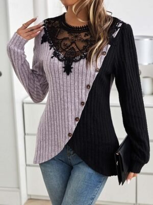 Elegant Regular Lace Crew Neck Long Sleeve Petite Blouse - Image 4
