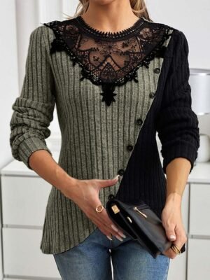 Elegant Regular Lace Crew Neck Long Sleeve Petite Blouse - Image 7
