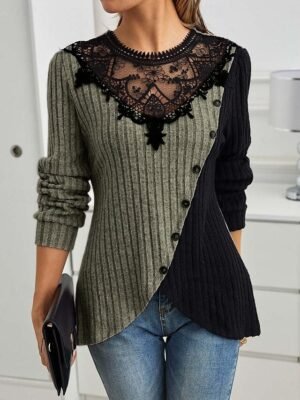 Elegant Regular Lace Crew Neck Long Sleeve Petite Blouse - Image 8