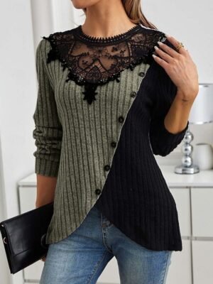 Elegant Regular Lace Crew Neck Long Sleeve Petite Blouse - Image 9