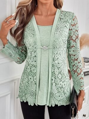 Elegant Regular Lace Square Neck Long Sleeve Tunic Top - Image 1