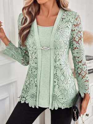 Elegant Regular Lace Square Neck Long Sleeve Tunic Top - Image 2
