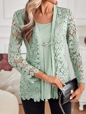 Elegant Regular Lace Square Neck Long Sleeve Tunic Top - Image 4