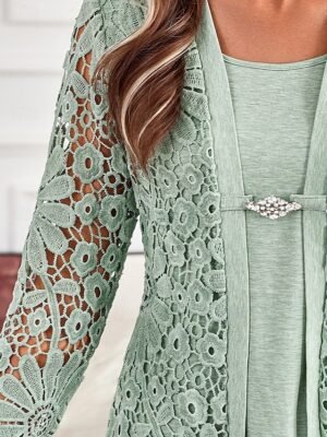 Elegant Regular Lace Square Neck Long Sleeve Tunic Top - Image 5