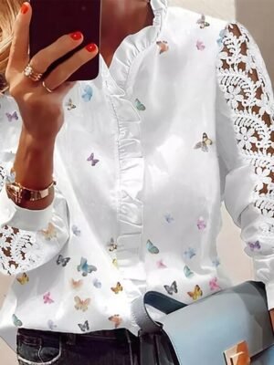 Elegant Regular Lace V Neck Long Sleeve Top - Image 2