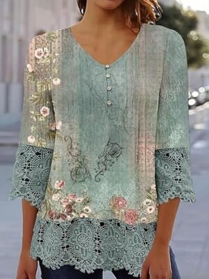 Elegant Regular Ombre Floral V Neck 3/4 Sleeve Lace Top - Image 1