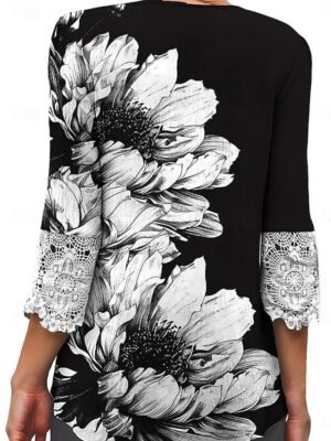 Elegant Regular Ombre Floral V Neck 3/4 Sleeve Lace Top - Image 11
