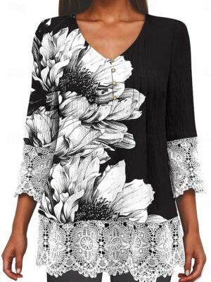 Elegant Regular Ombre Floral V Neck 3/4 Sleeve Lace Top - Image 12