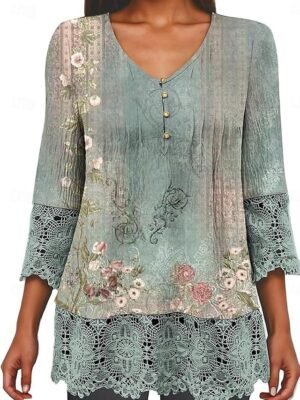 Elegant Regular Ombre Floral V Neck 3/4 Sleeve Lace Top - Image 2