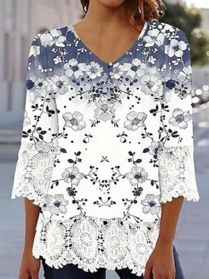 Elegant Regular Ombre Floral V Neck 3/4 Sleeve Lace Top - Image 4