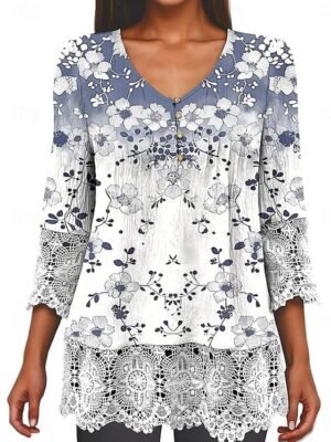 Elegant Regular Ombre Floral V Neck 3/4 Sleeve Lace Top - Image 6