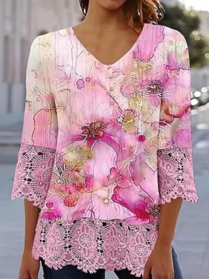 Elegant Regular Ombre Floral V Neck 3/4 Sleeve Lace Top - Image 7