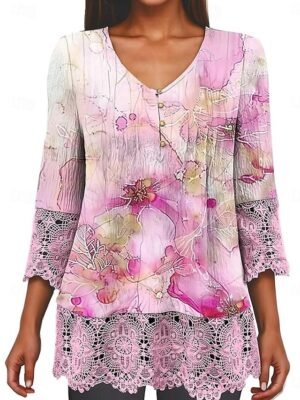 Elegant Regular Ombre Floral V Neck 3/4 Sleeve Lace Top - Image 9