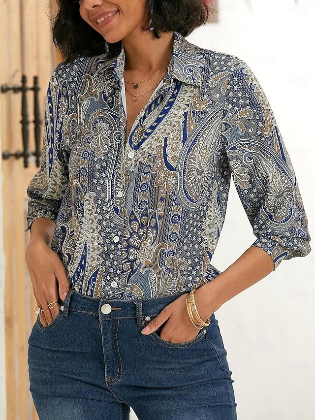 Elegant Regular Paisley Shirt Collar Long Sleeve Blouse - Image 2