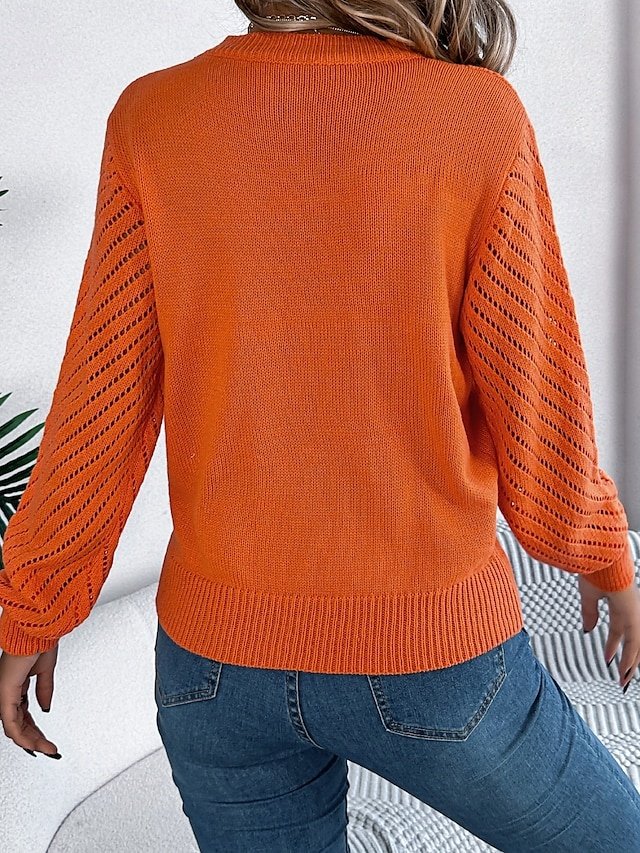 Elegant Regular Plaid Crew Neck Hollow Out Long Sleeve Knit Top - Image 2