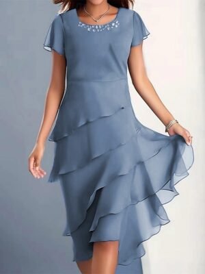 Elegant Regular Plain Crew Neck Short Sleeve Midi Dress - Image 1