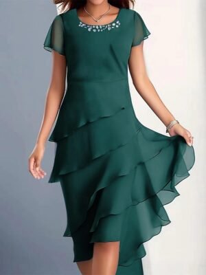 Elegant Regular Plain Crew Neck Short Sleeve Midi Dress - Image 3