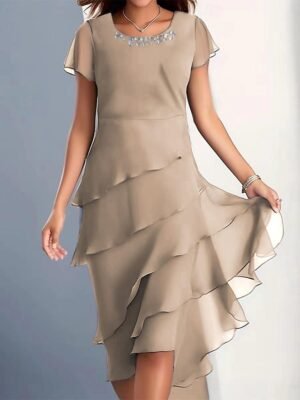 Elegant Regular Plain Crew Neck Short Sleeve Midi Dress - Image 4