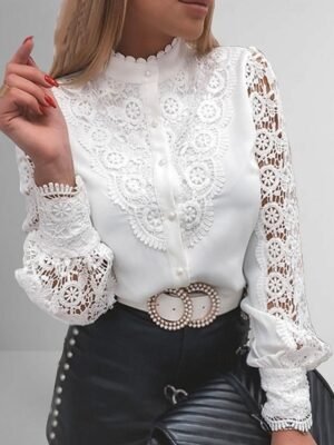 Elegant Regular Plain Round Neck Long Sleeve Eyelet Blouse - Image 1