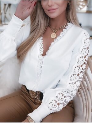Elegant Regular Plain V Neck Long Sleeve Lace Blouse - Image 1