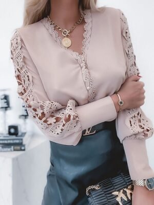 Elegant Regular Plain V Neck Long Sleeve Lace Blouse - Image 6
