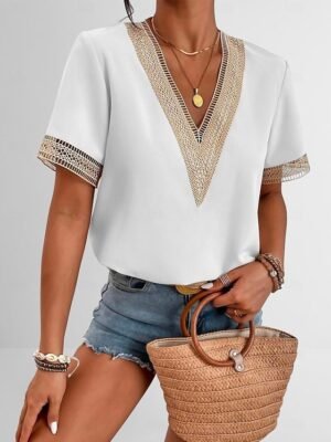 Elegant Regular Plain V Neck Short Sleeve Blouse - Image 1