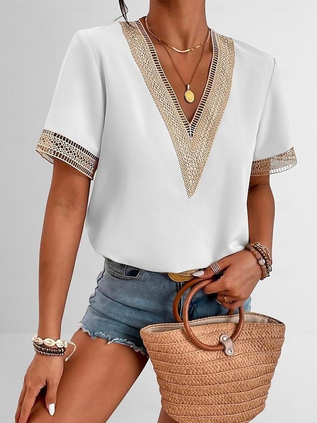 Elegant Regular Plain V Neck Short Sleeve Blouse - Image 1