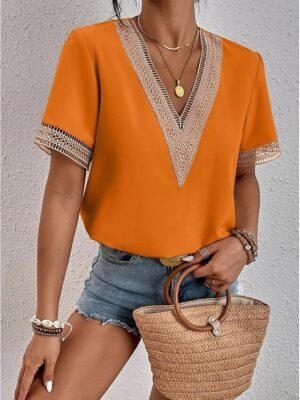 Elegant Regular Plain V Neck Short Sleeve Blouse - Image 12
