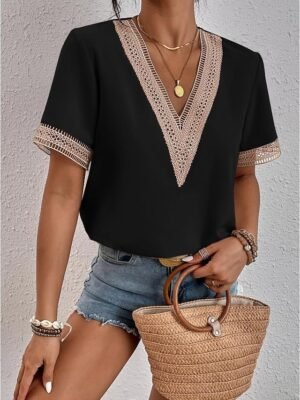 Elegant Regular Plain V Neck Short Sleeve Blouse - Image 13