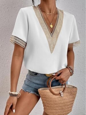 Elegant Regular Plain V Neck Short Sleeve Blouse - Image 2