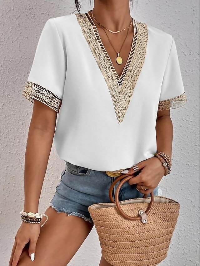 Elegant Regular Plain V Neck Short Sleeve Blouse - Image 2
